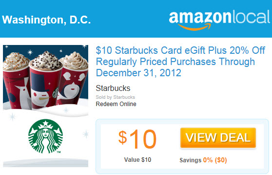 $10 for $10 Starbucks Gift Card and 20% Off Through End of Year