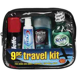 a travel kit with a lotion bottle and other items