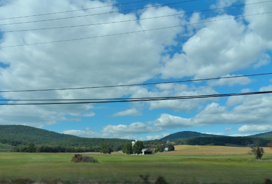 a field with a house and power lines