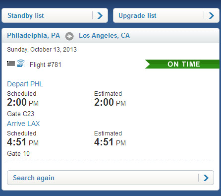US Airways mobile website flight status results