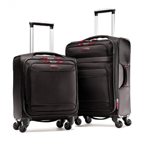 a pair of luggage on wheels