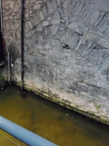 a water flowing into a stone wall