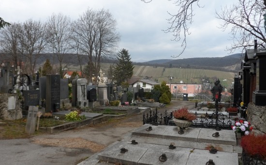 a cemetery with a hill in the background