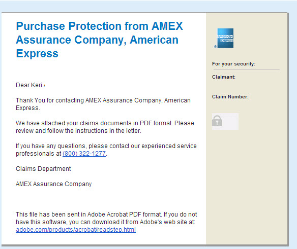 AMEX Purchase Protection Confirmation