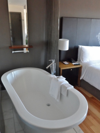 a bathtub in a hotel room