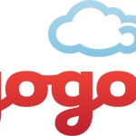 a red and blue logo with a cloud