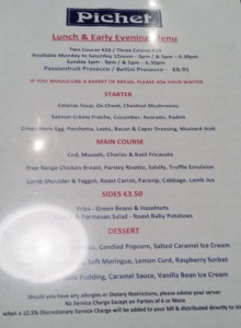 a menu with red text