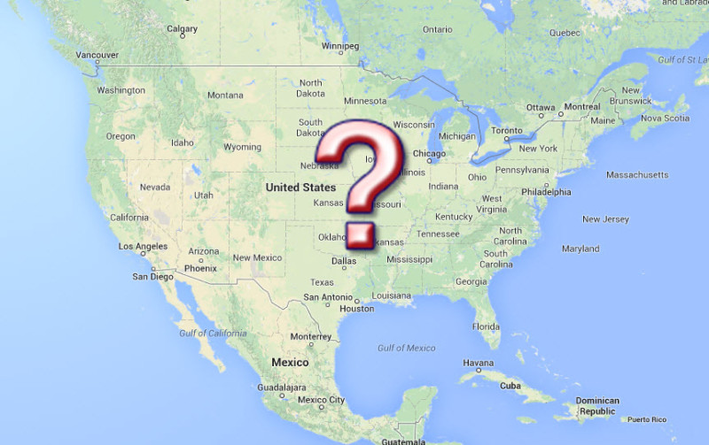 a map of the united states with a question mark