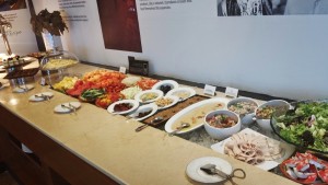 a buffet table with food on it