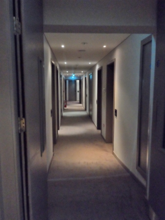 a hallway with many doors