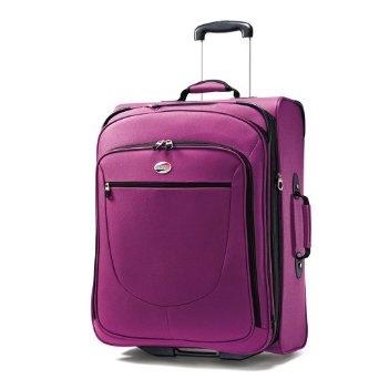 a purple suitcase with wheels