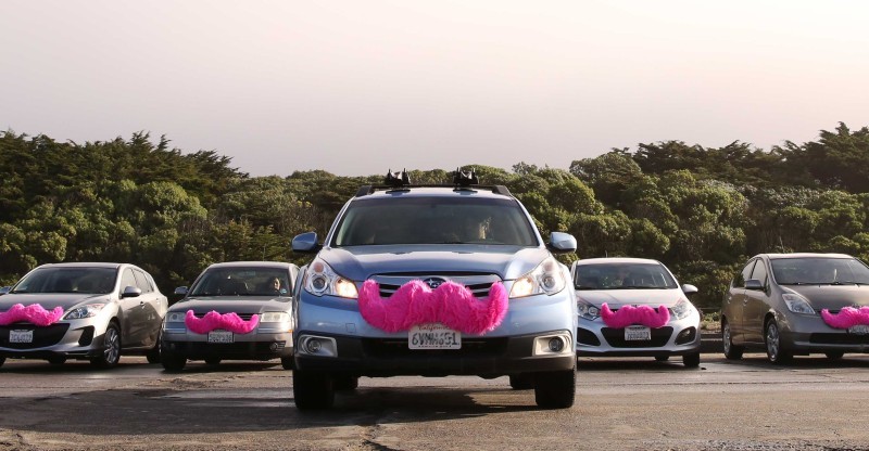 a group of cars with pink mustaches
