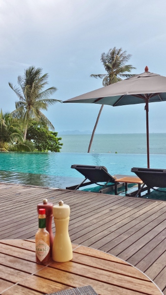 a salt and pepper shakers next to a pool