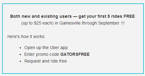 Free Uber ride Gainesville Florida Labor Day
