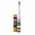a toothbrush and tube of colorful stripes