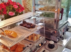 a display case with food on it