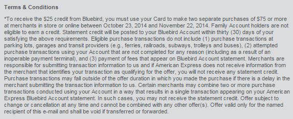 AMEX Bluebird $25 offer terms conditions