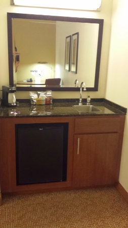 a sink and a mirror in a hotel room