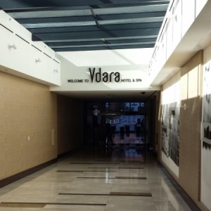 a hallway with a sign