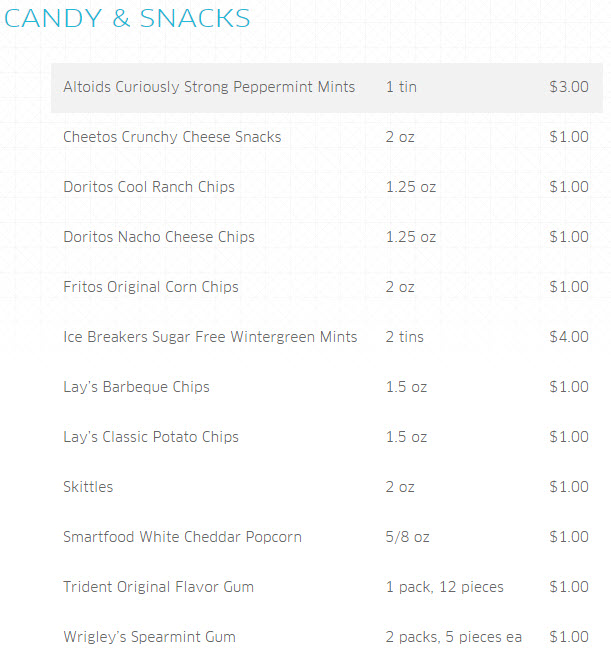 a list of candy and snacks
