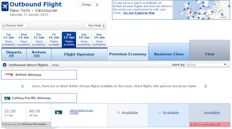 Cathay Pacific First Class Availability search avios