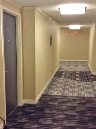 a hallway with a door and carpet