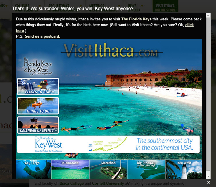 Ithaca, NY Visitors Bureau Recommends Key West Instead This Winter