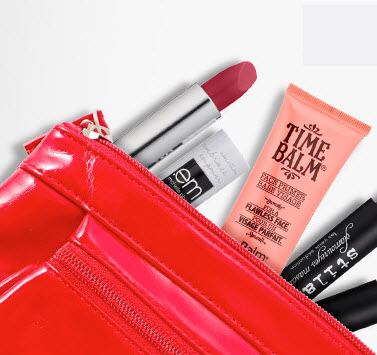 a red bag with makeup products