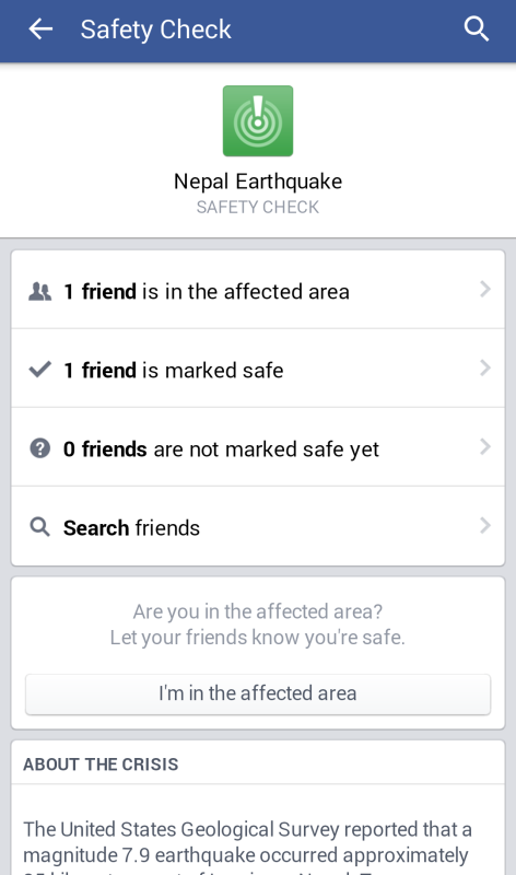Facebook Safety Check screenshot
