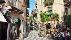 a street with stairs and buildings