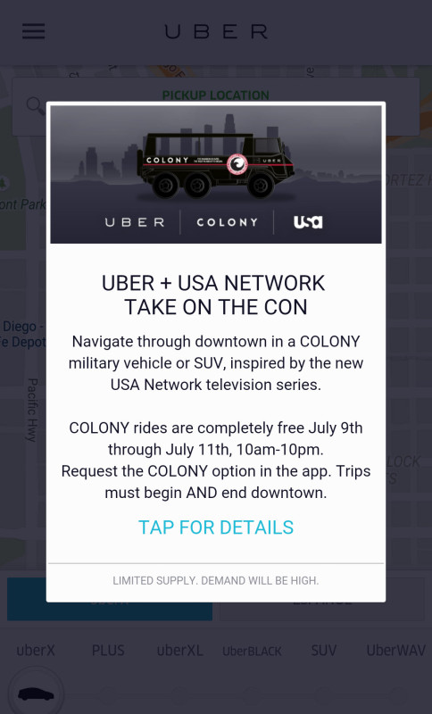 Free Uber Ride San Diego Comic Con Colony vehicle