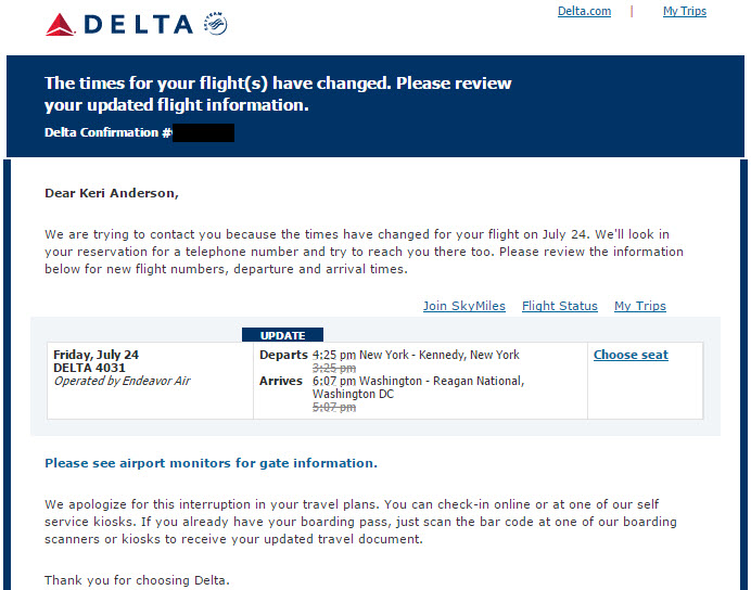 delta award reservation with no ticket flight delay email alert