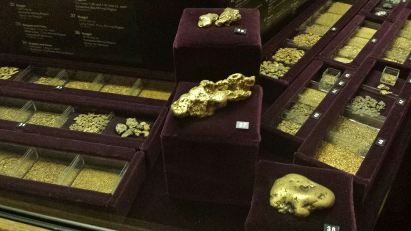 gold nuggets in boxes on display