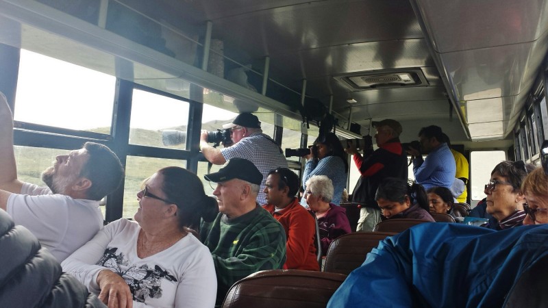 a group of people sitting on a bus