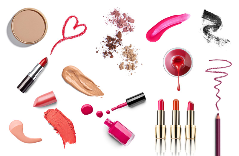 a collection of lipsticks and nail polish
