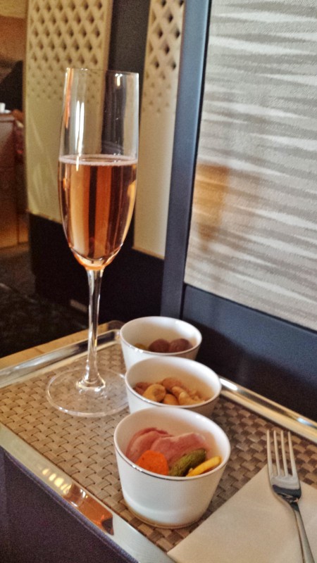 Etihad A380 First Apartment JFK-AUH inaugural rose champagne snacks