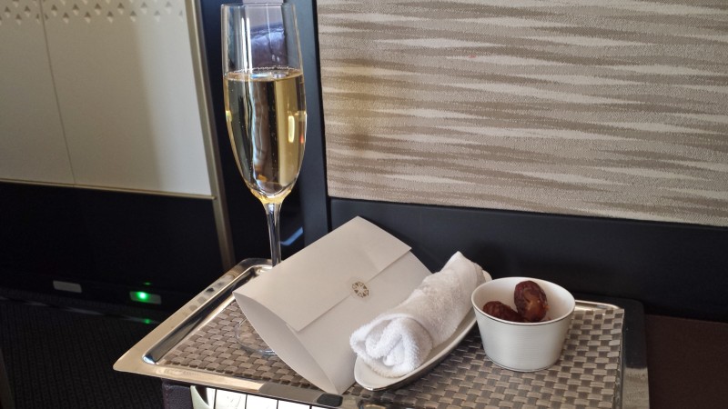 Etihad A380 First Apartment JFK-AUH inaugural welcome note towel champagne
