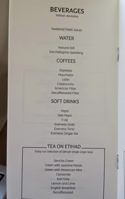 Etihad Business Class AUH MAA beverage menu