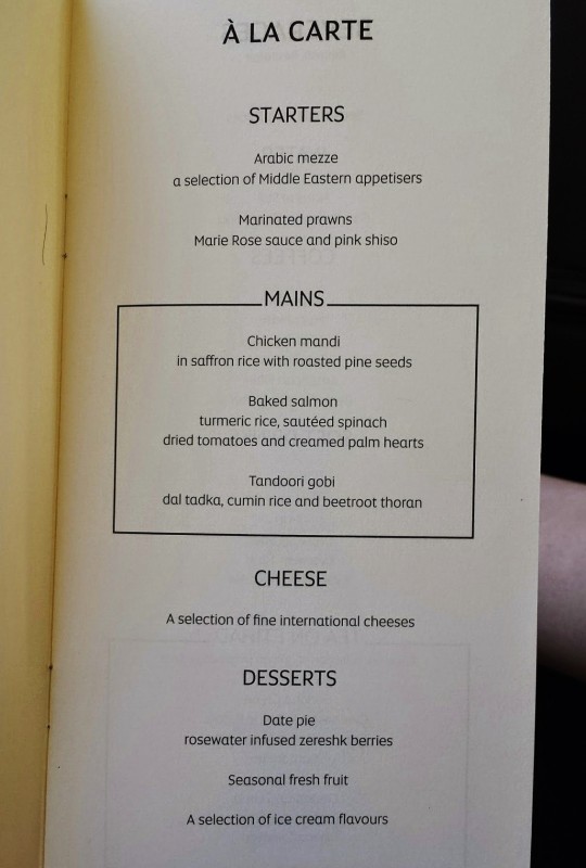 Etihad Business Class AUH MAA dinner menu