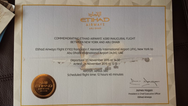 Inaugural Etihad A380 JFK AUH certificate