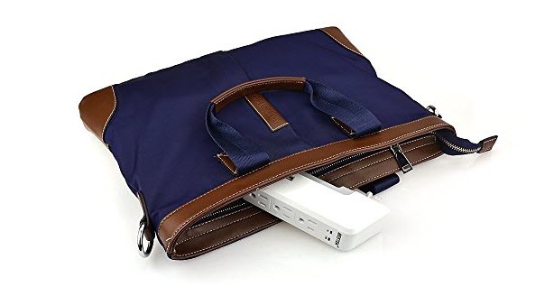 a blue and brown bag with a white device in it