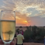 a glass of champagne in front of a sunset
