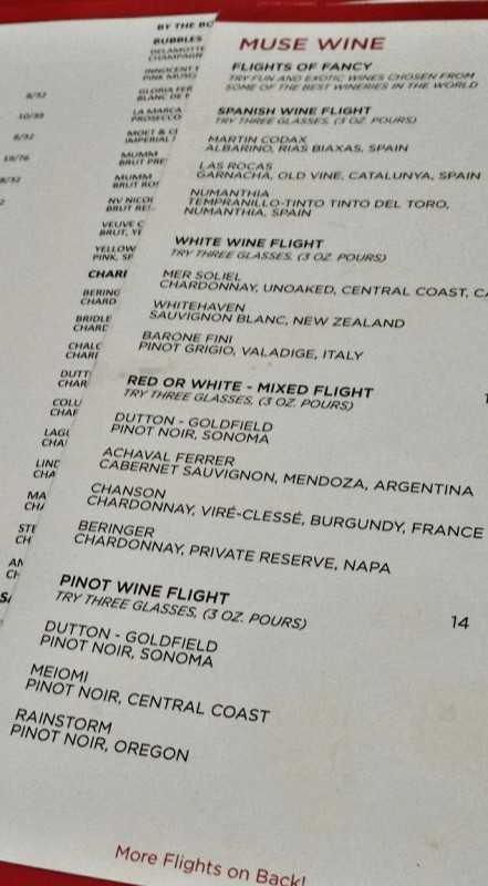Anchorage Restaurants Muse at Anchorage Museum wine flight menu