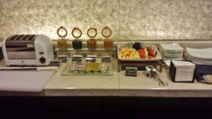 a buffet table with food on it