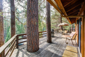 a deck with a patio and trees