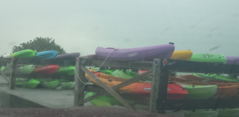 a group of kayaks on a wood rack