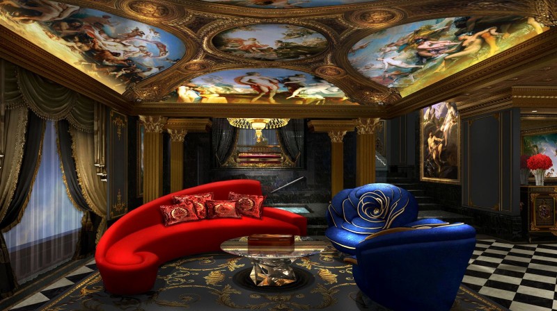 a room with a red couch and blue chairs