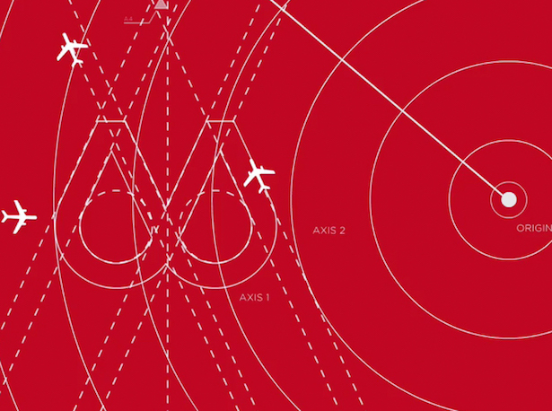 a red background with white lines and planes