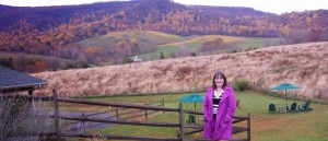 a woman standing on a fence in front of a field