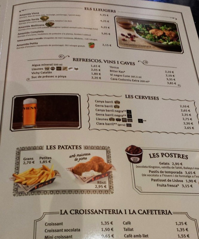 a menu with pictures of food and drinks